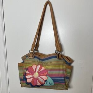 Multicoloured striped purse with flower design